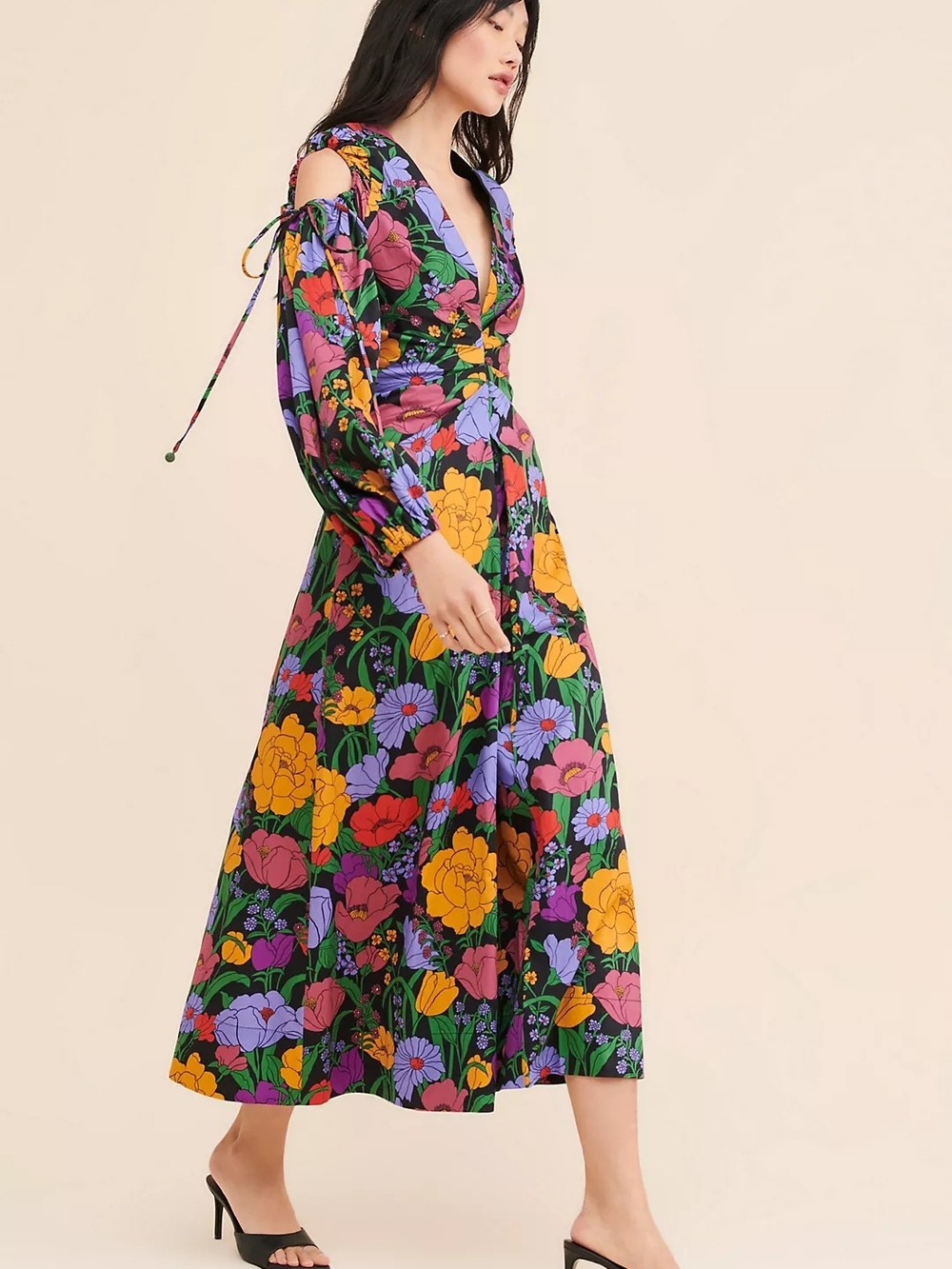 FARM RIO Black Bucolic Floral Garden Maxi Dress Long Sleeves Romantic Eurosummer